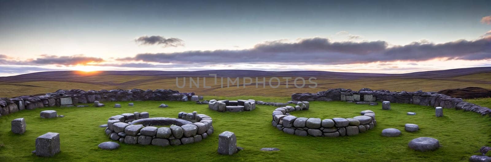 A mysterious and ancient stone circle nestled in a remote moorland, with the setting sun casting long shadows over the weathered monoliths