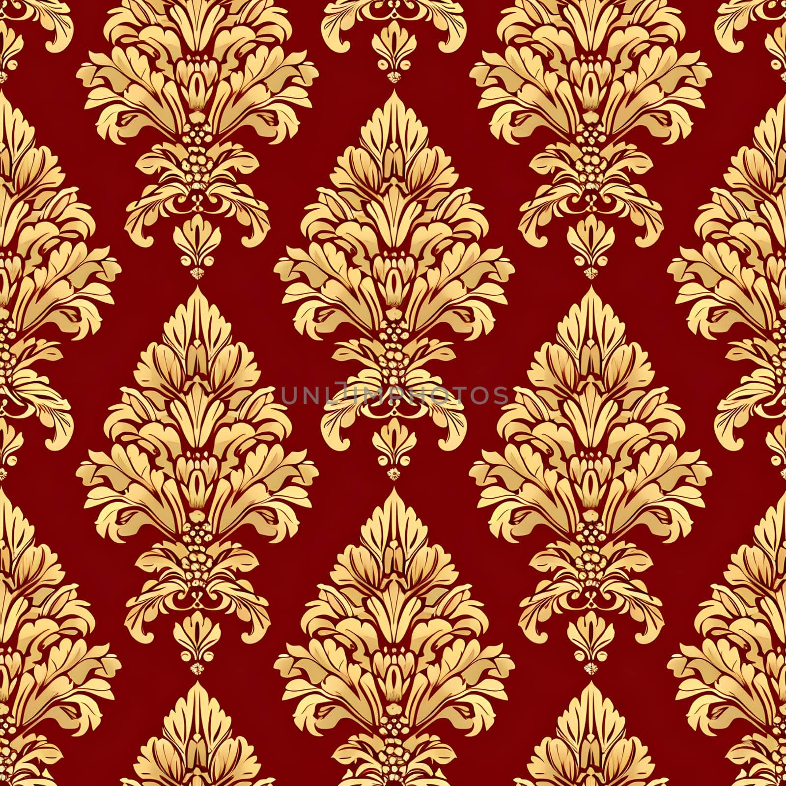 Seamless texture of red and gold damask pattern. Neural network generated image. Not based on any actual scene or pattern.