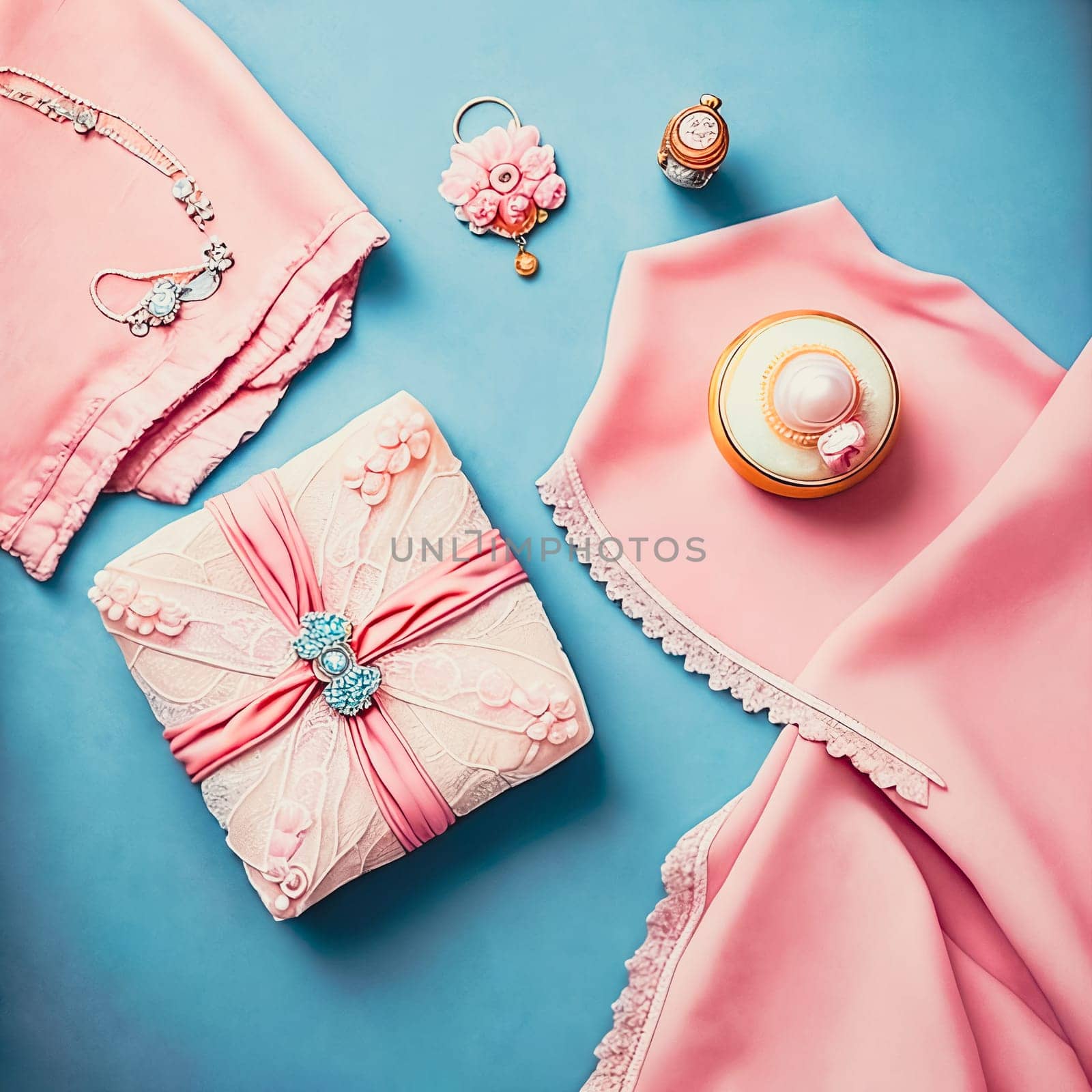 Pastel Palette. A still life scene featuring pastel-colored feminine accessories like a delicate pearl necklace, a lace handkerchief, and a vintage perfume bottle against a soft textured background for a sophisticated and timeless look.