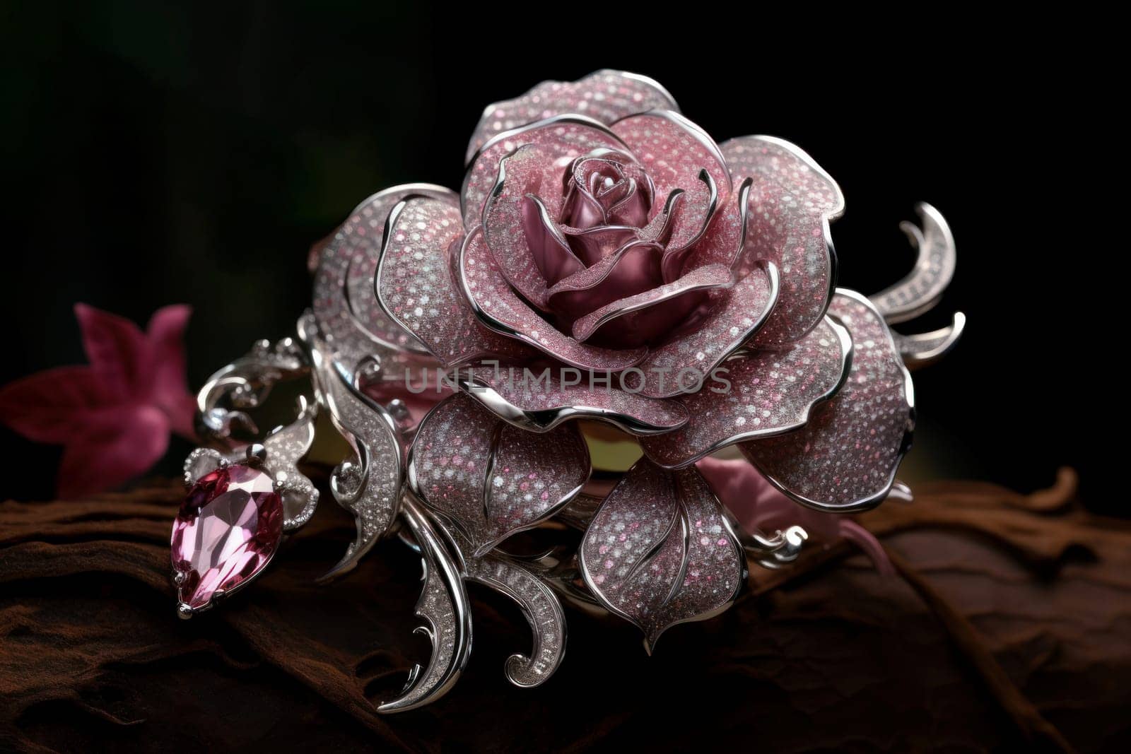 Ornamental Jewelry rose flower gold. White petal. Generate Ai