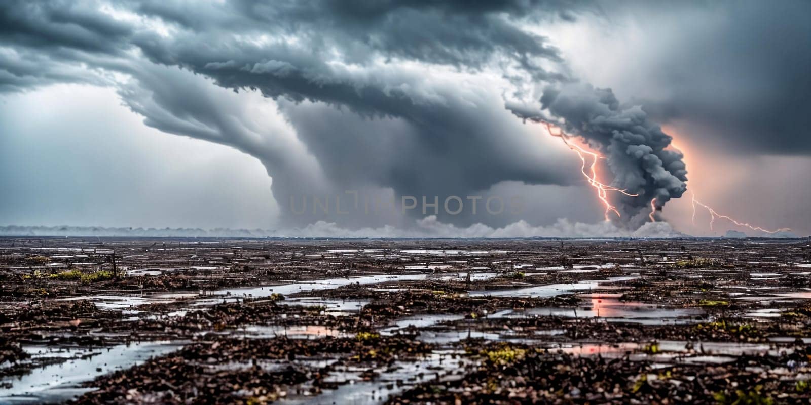 The raw power of a tornado by focusing on its twisting motion as it ravages the landscape, showcasing its destructive force amidst a barren field. Panorama