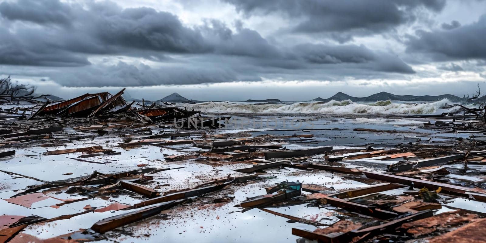 The aftermath of a powerful tsunami with debris scattered across a coastal area, emphasizing the sheer scale of destruction caused by the relentless waves. Panorama