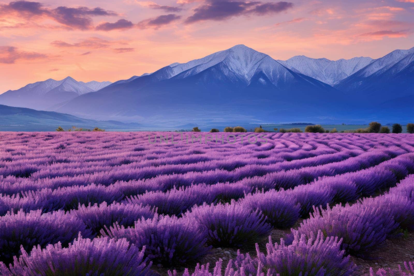 Mesmerizing Lavender field mountains. Spring nature sky. Generate Ai