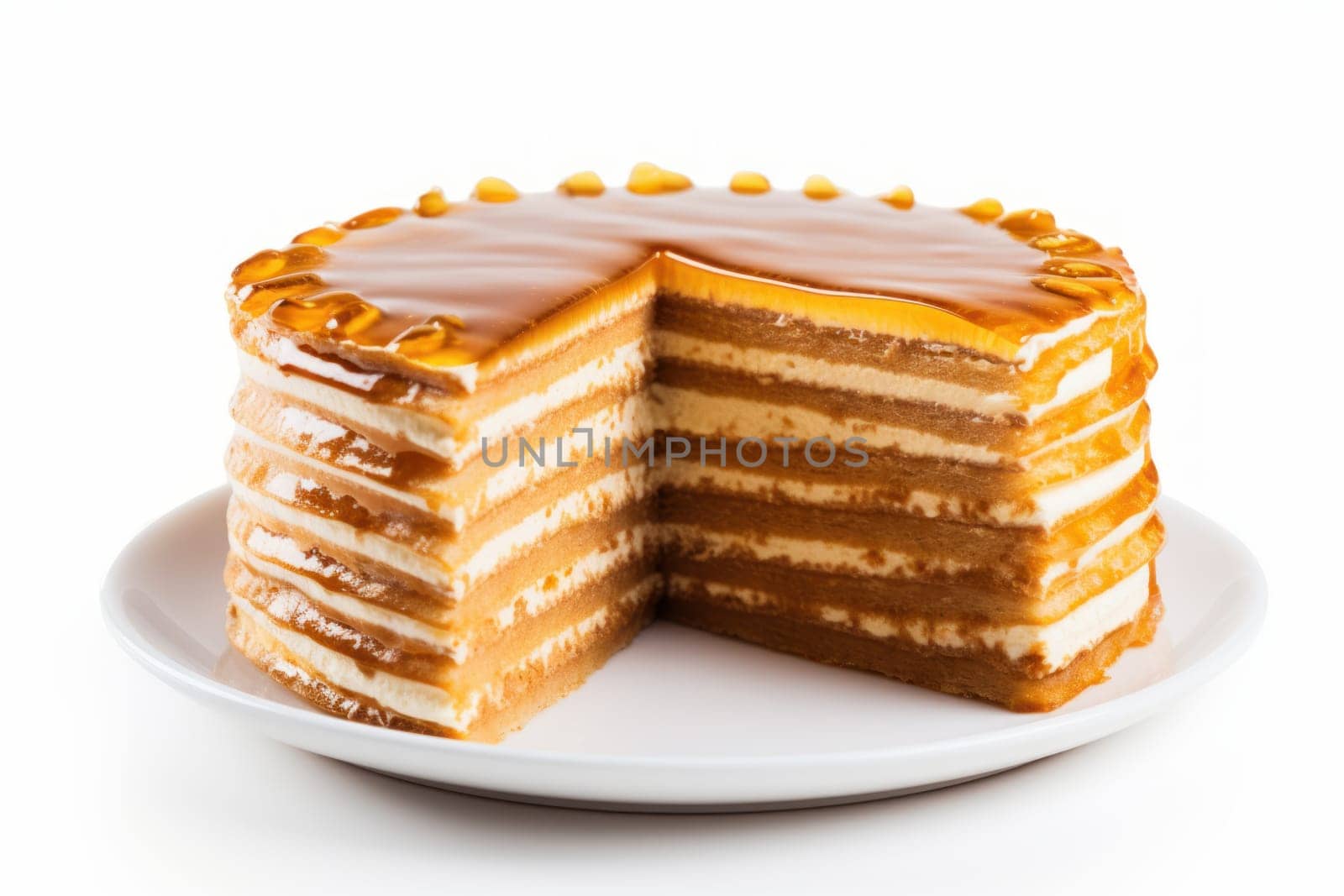 Aromatic Layered honey cake. Pastry food baked. Generate Ai