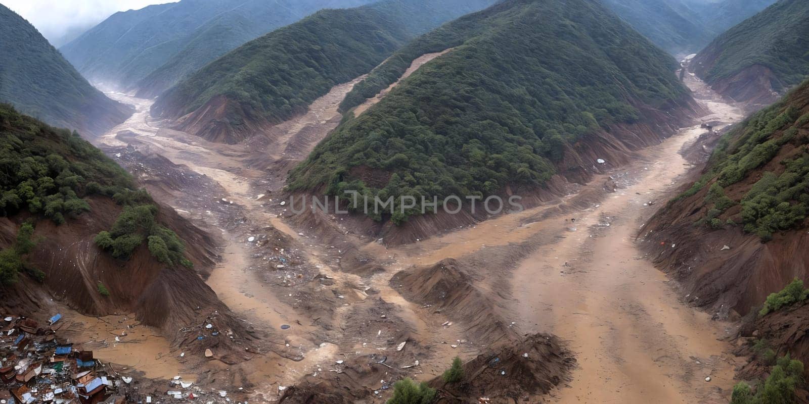 The aftermath of a massive landslide in a mountainous region, highlighting the chaotic debris flow and devastation left in its wake. Panorama