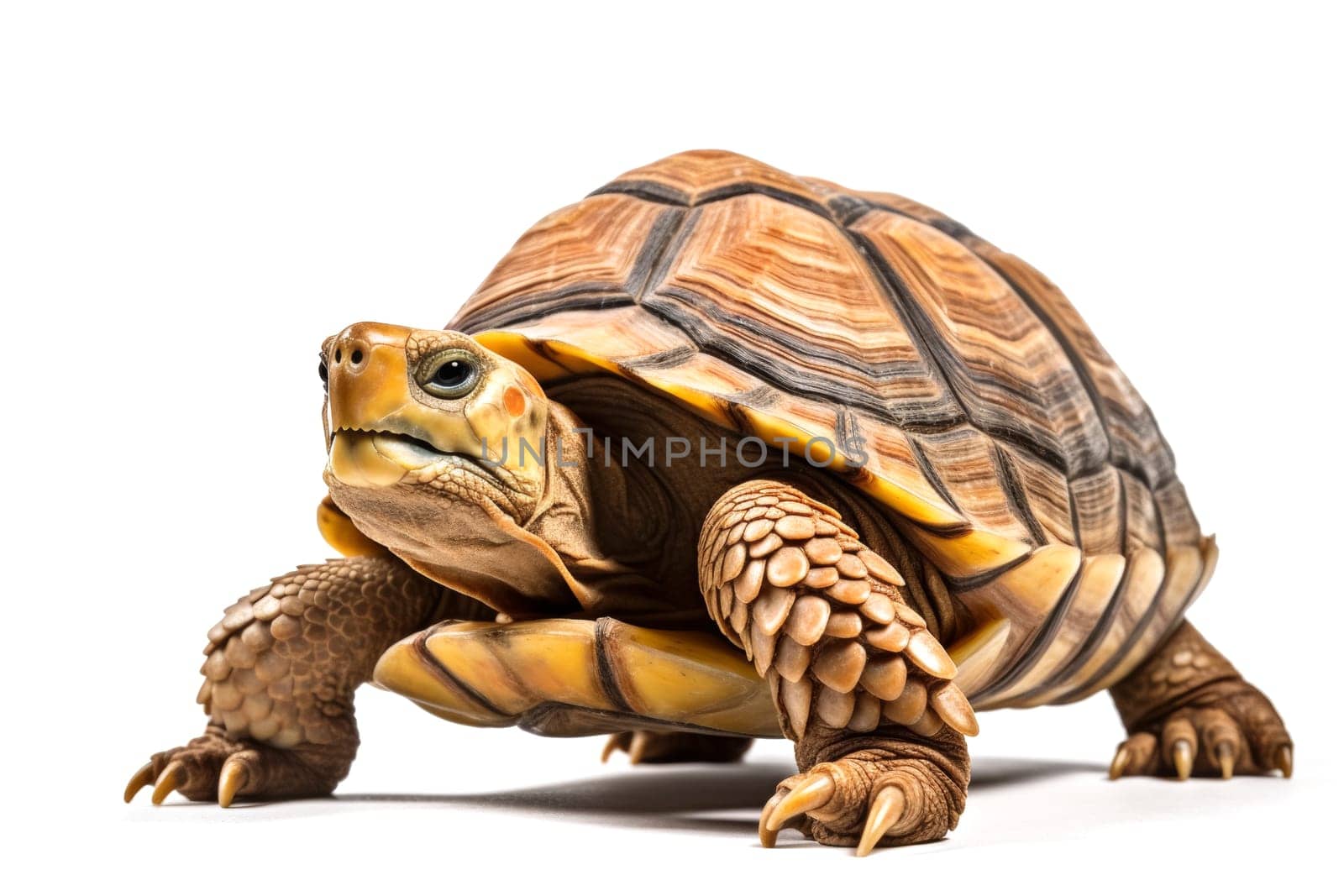 Sulcata tortoise on a white background. Close-up studio portrait. Wildlife and exotic pets concept. Design for educational material, poster, book illustration