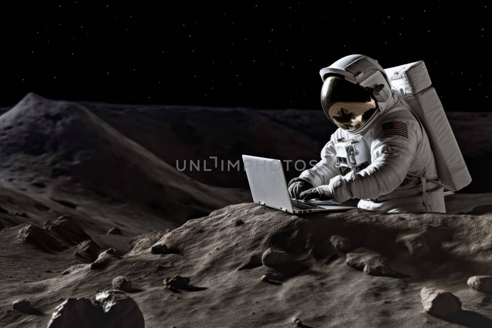 An astronaut in full gear typing on a laptop on the moon's rocky terrain.