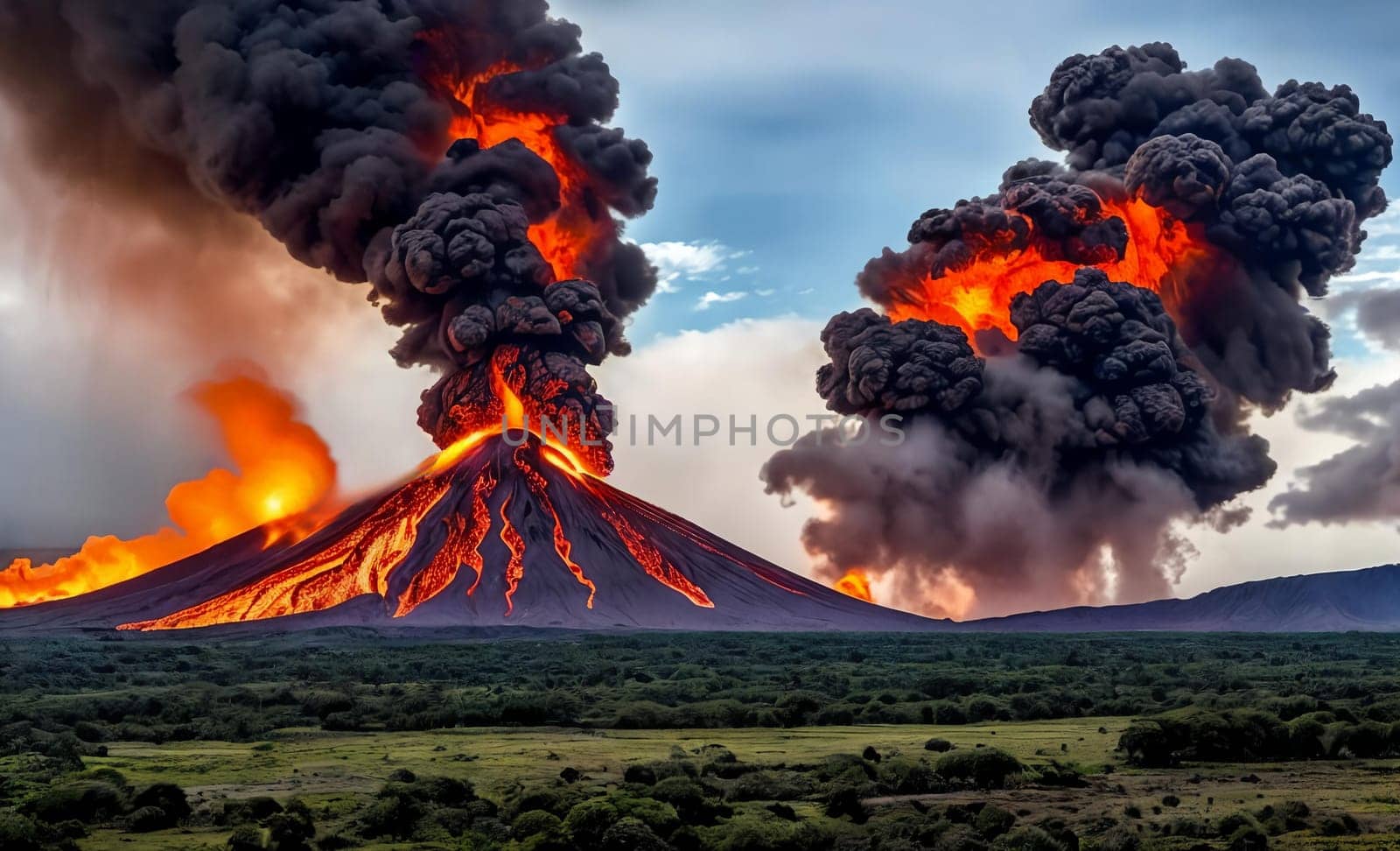 The dramatic eruption of a volcano, emphasizing the fiery lava spewing from the crater and the ash cloud billowing into the sky, showcasing the volatile beauty of nature's fury. Panorama