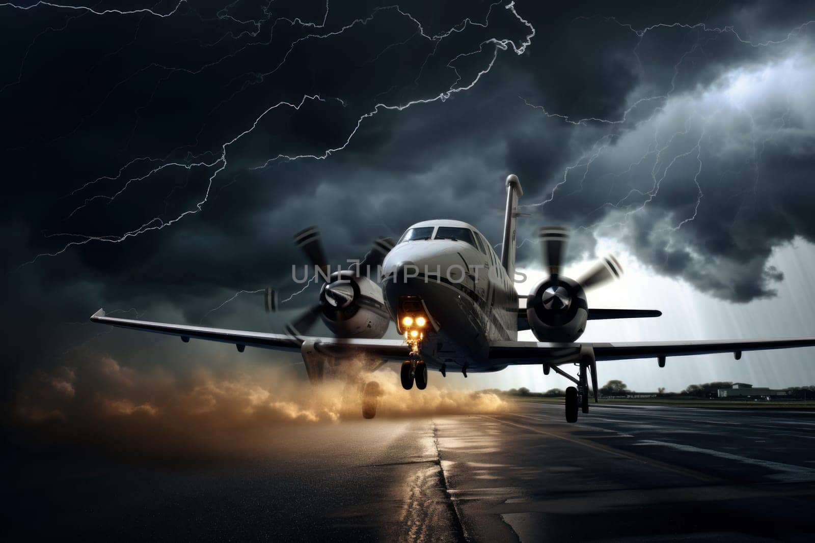 Perilous Lightning storm plane. Airline jet travel. Generate Ai