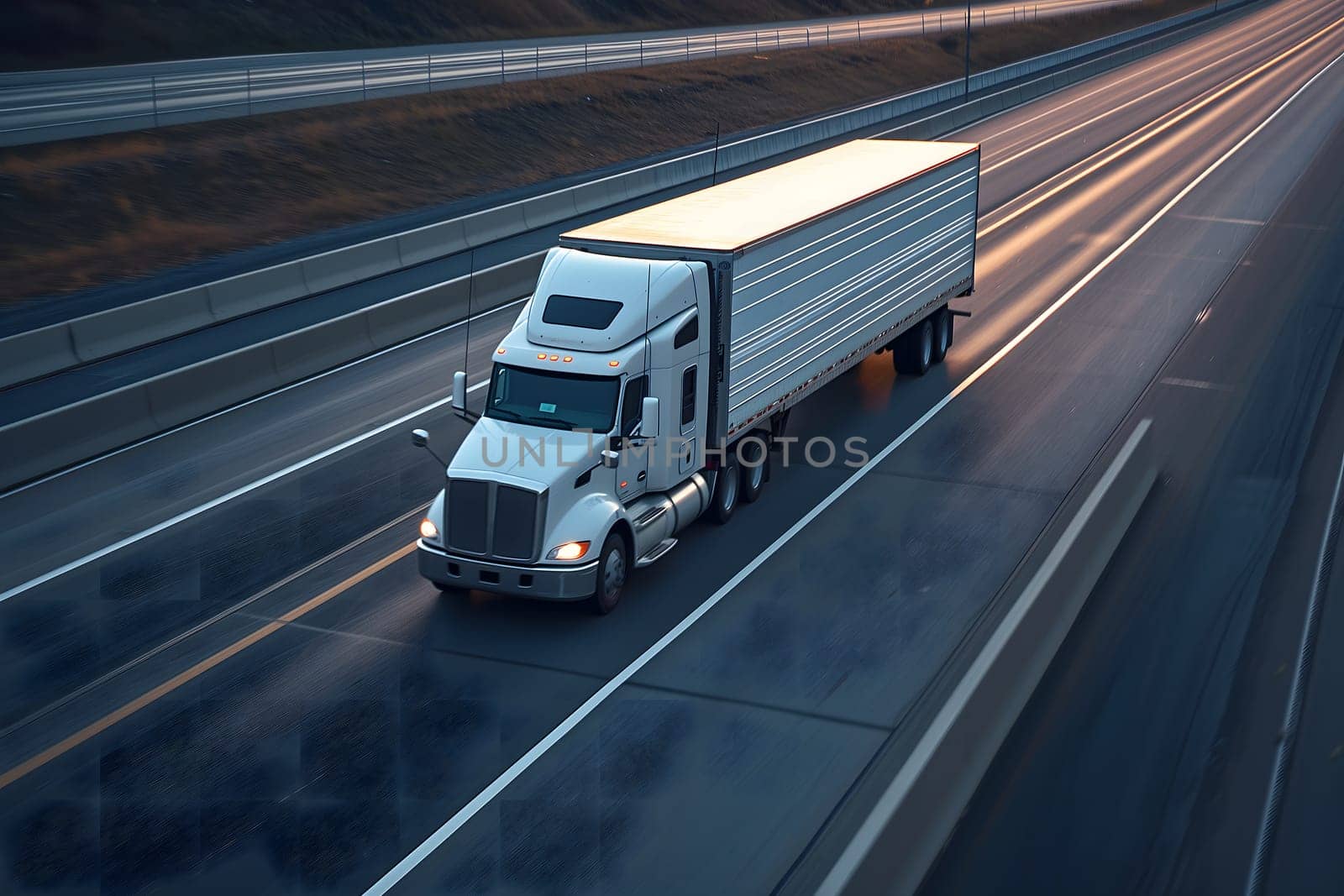 American long-nose semitruck on a highway. Neural network generated image. Not based on any actual scene or pattern.
