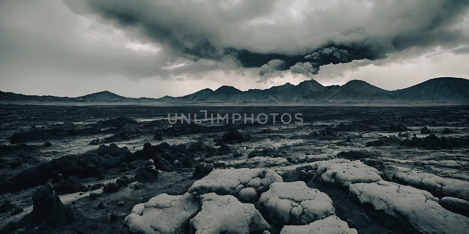 The aftermath of a volcanic eruption with layers of ash covering the surrounding landscape, creating an eerie and monochromatic scene that portrays the devastation caused by the event. Panorama