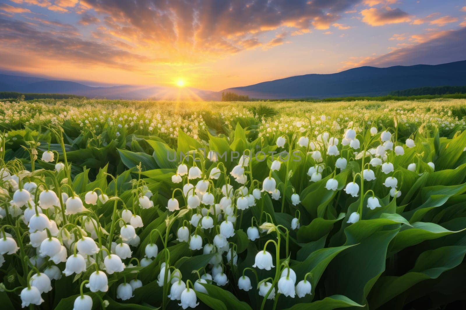 Fragrant Lily valley blooming field. Generate Ai by ylivdesign