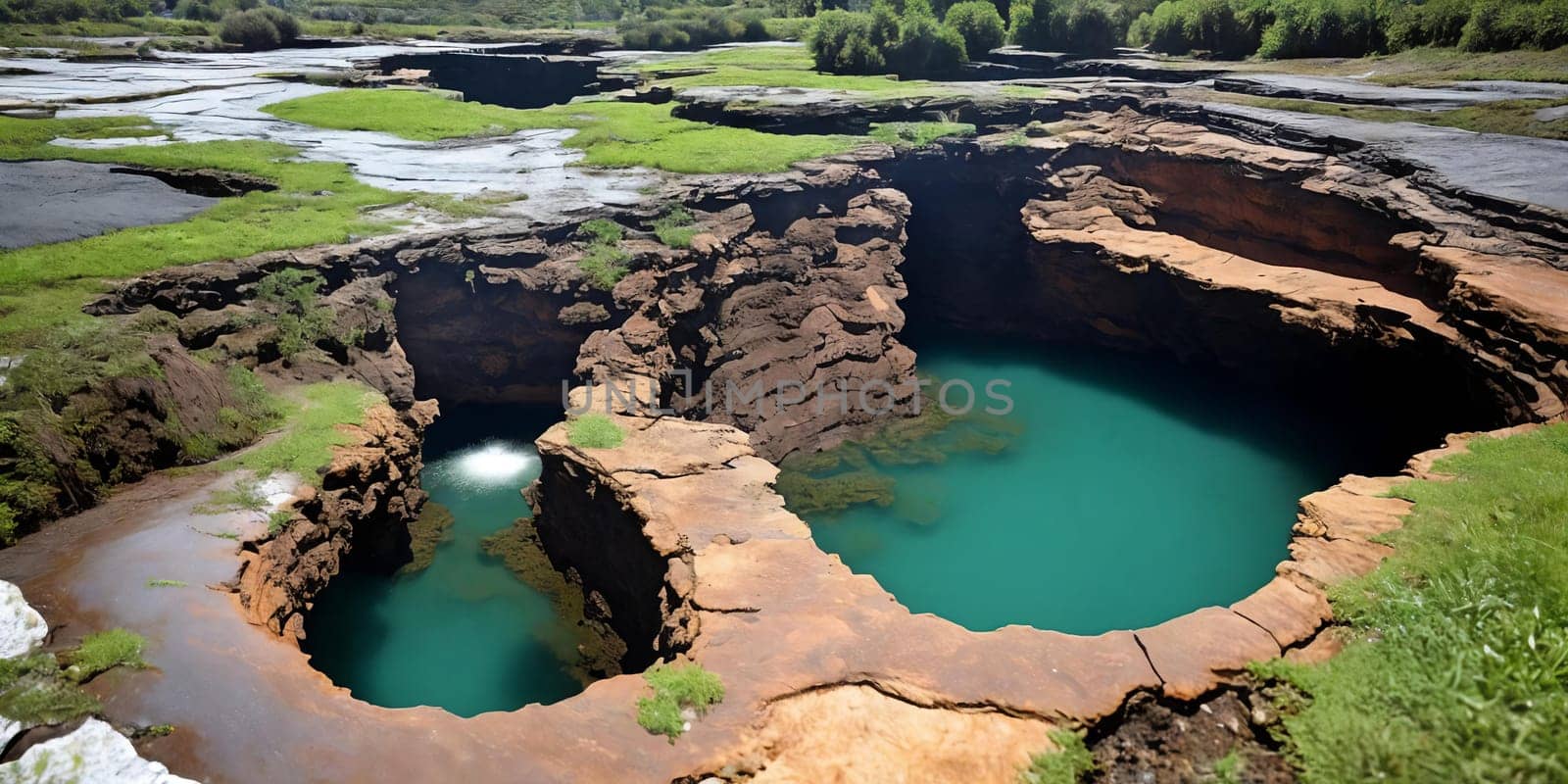 The surreal sight of a sinkhole swallowing up a section of land, showcasing the sudden and dramatic geological event with a focus on the gaping hole and crumbling surroundings. Panorama