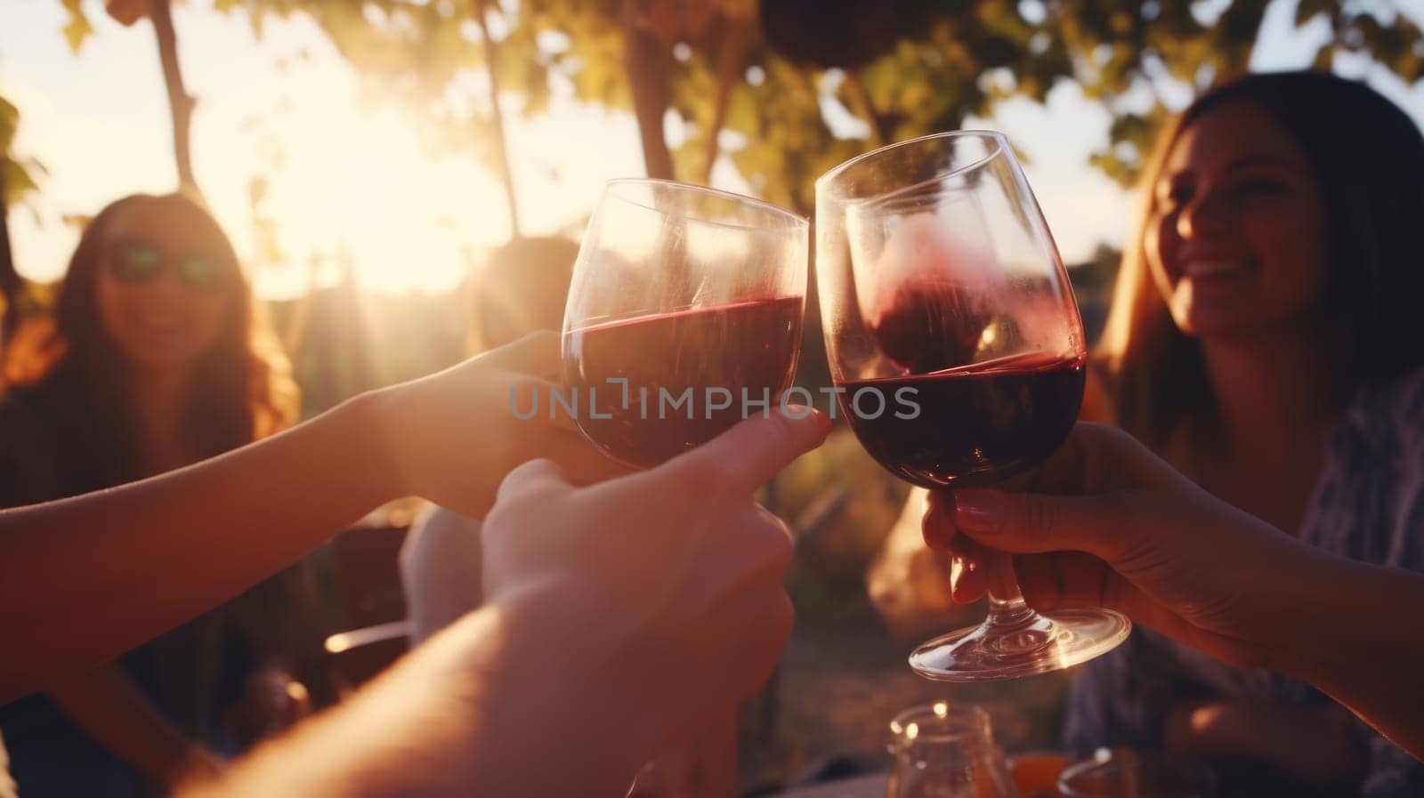 Group of friends gathering for wine tasting in countryside vineyard comeliness by biancoblue