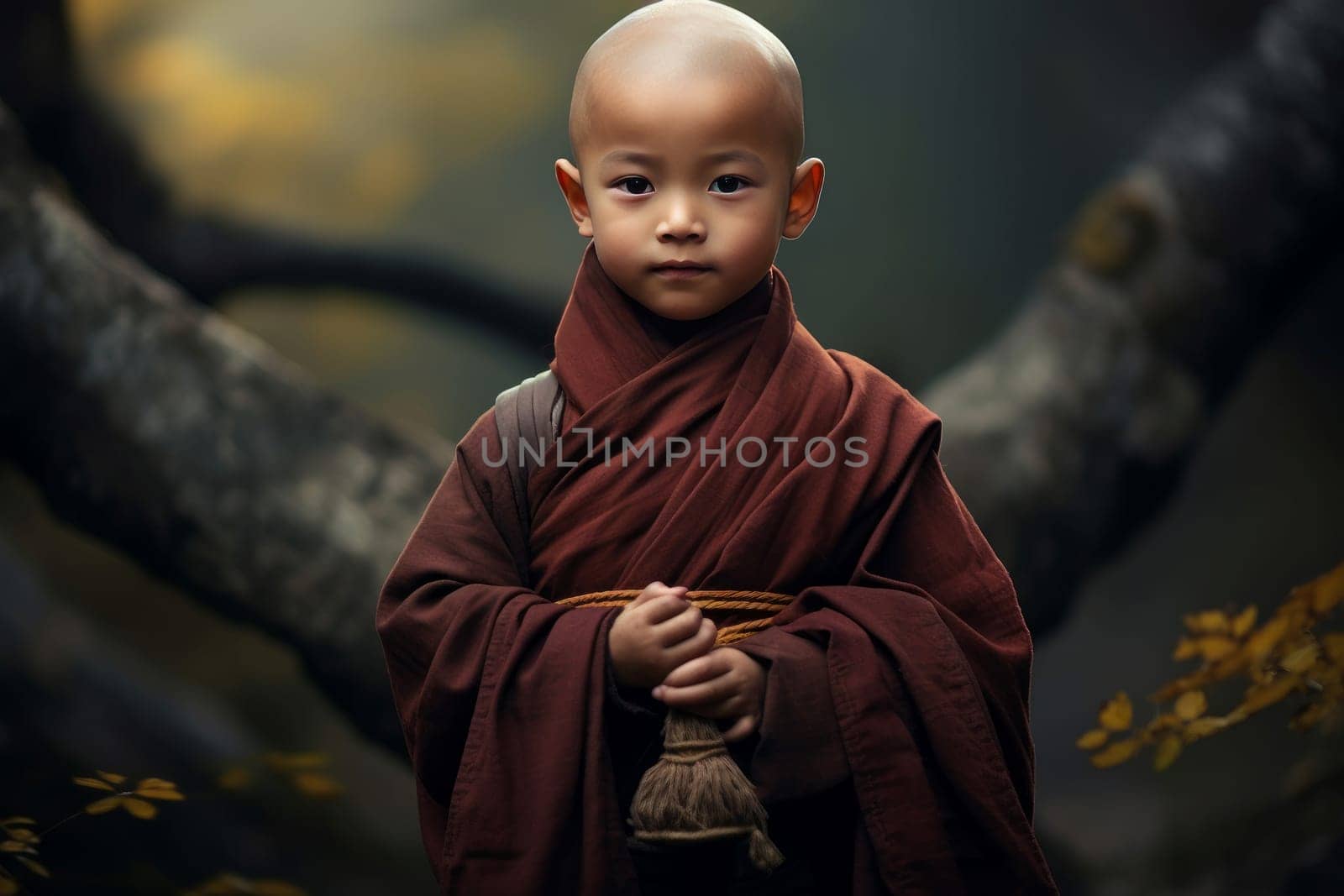 Youthful Little asian monk. Kids thai culture. Generate Ai