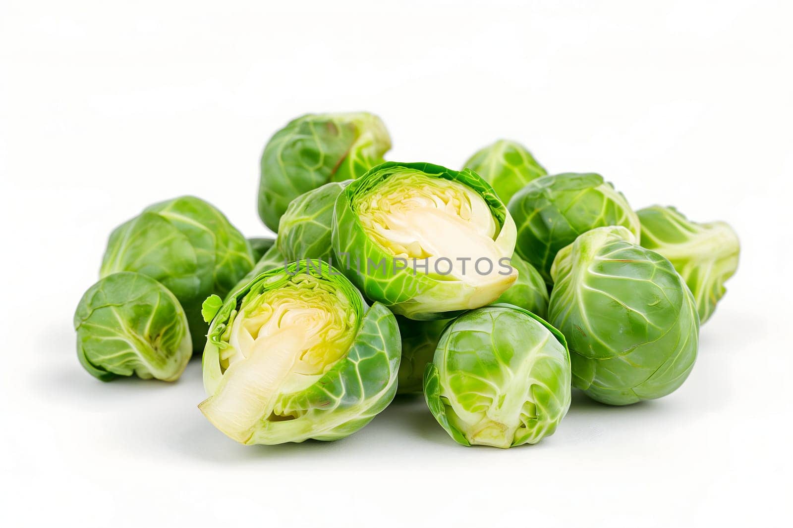 Small heap of brussels sprouts on white background. Neural network generated image. Not based on any actual scene or pattern.