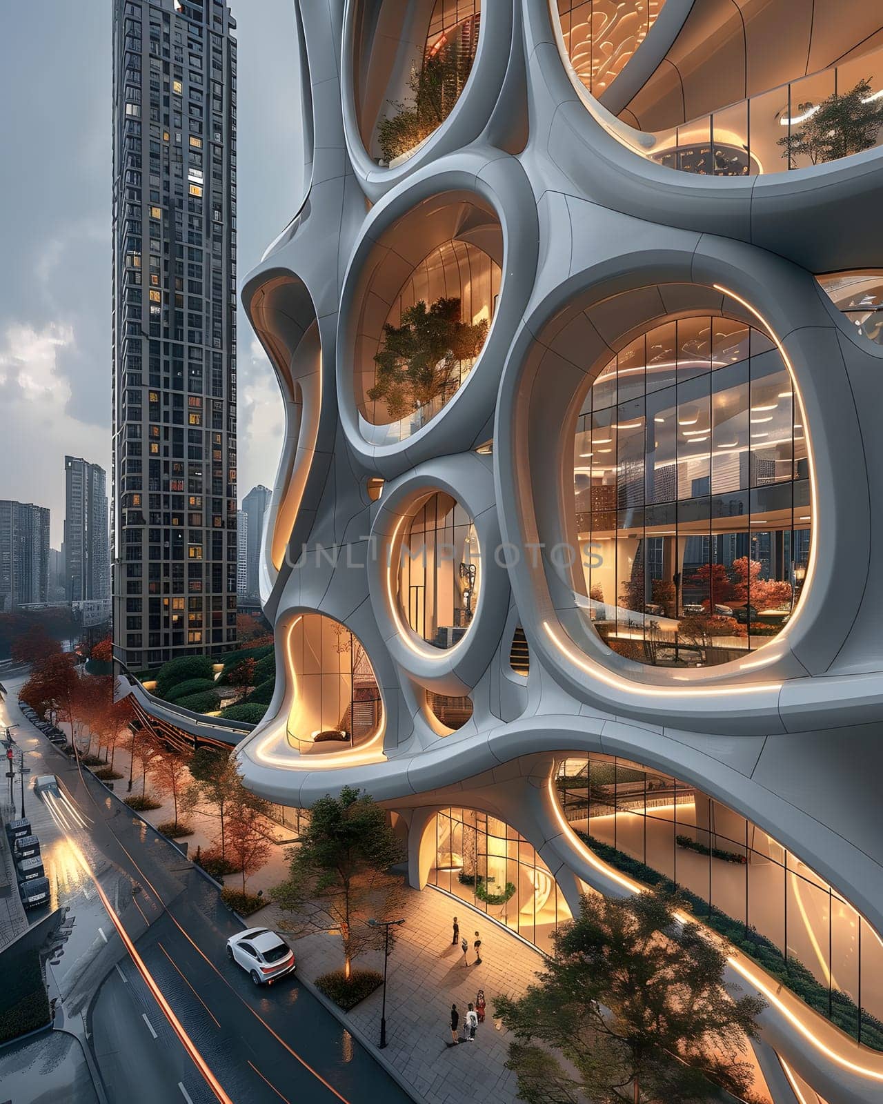 Aerial view of a city building with numerous windows, resembling a circle. Urban design featuring automotive lighting and tires, under a cloudy sky