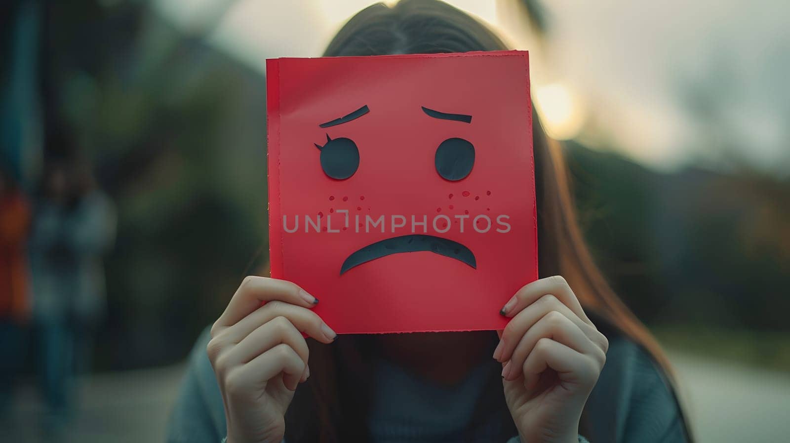 A woman is using her hand to hold up a red paper with a sad face drawing on it in front of her head. This gesture shows a fictional character expressing sadness in an artistic way