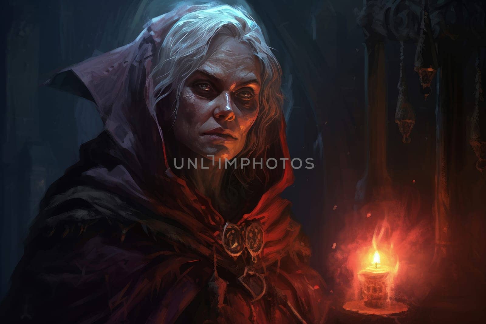 Wise Mage old woman fantasy dungeon. Digital magic. Generate Ai