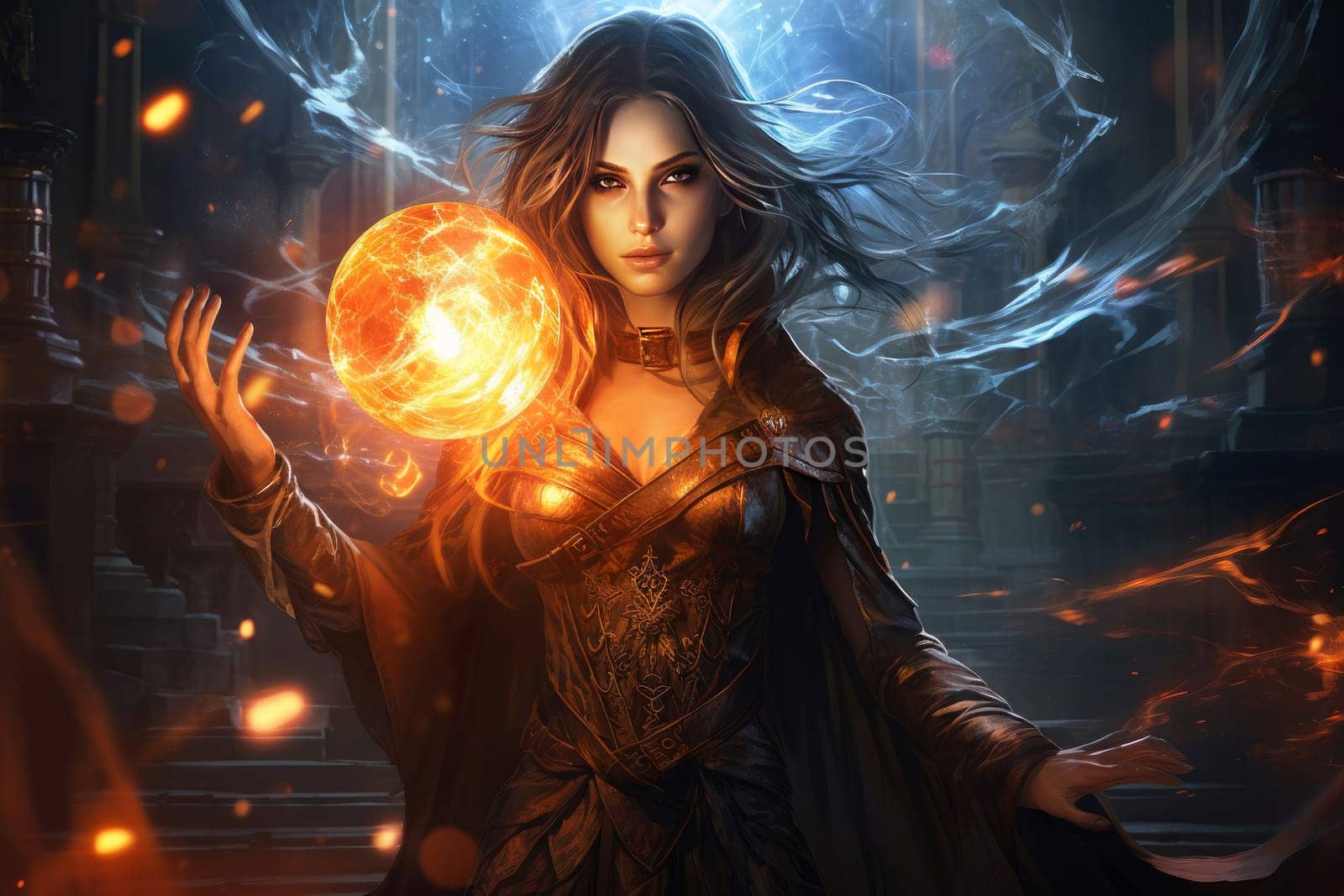 Fearsome Mage woman fantasy dungeon. Magic power. Generate Ai