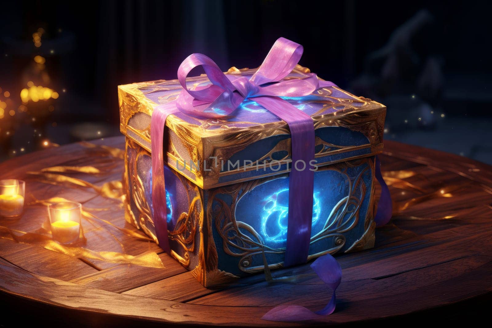 Mystical Magic gift box light. Abstract surprise. Generate Ai