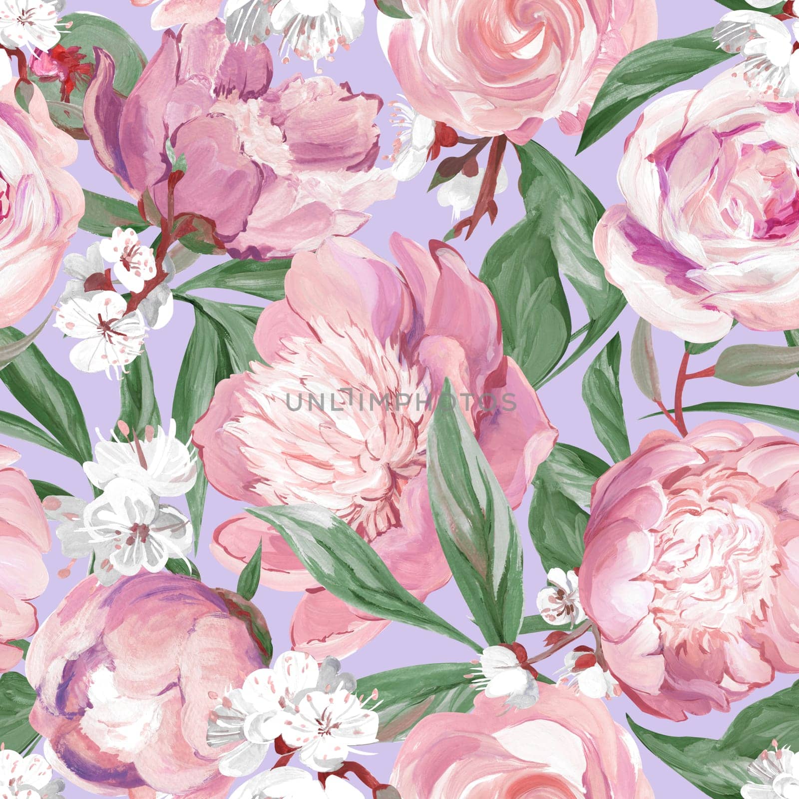 Botanical seamless pattern with peonies and sakura branches drawn in gouache for textile and design