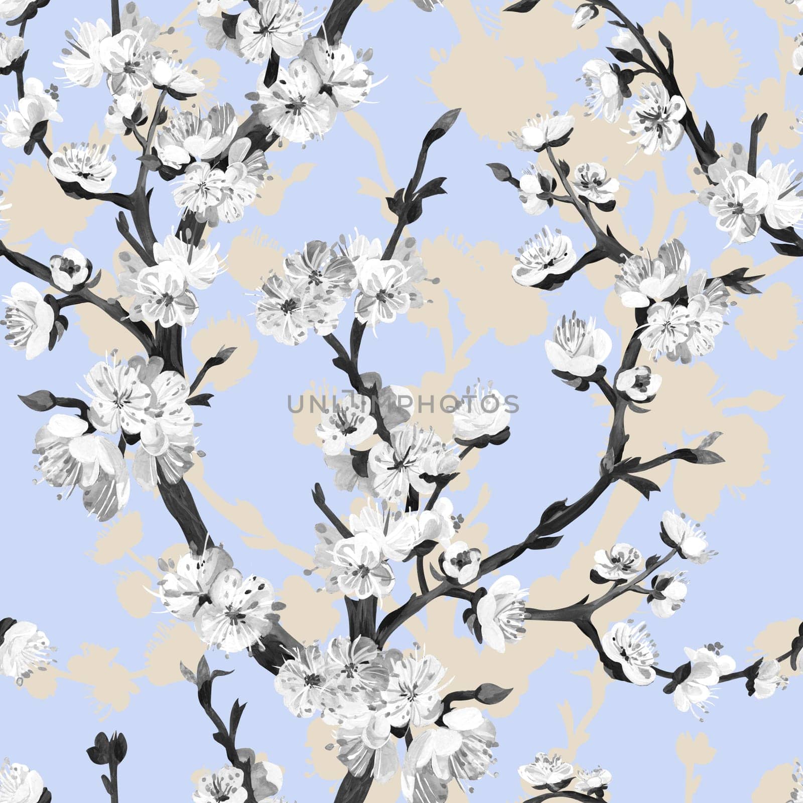 Seamless black and white pattern with sakura cherry branch drawn in gouache textiles by MarinaVoyush