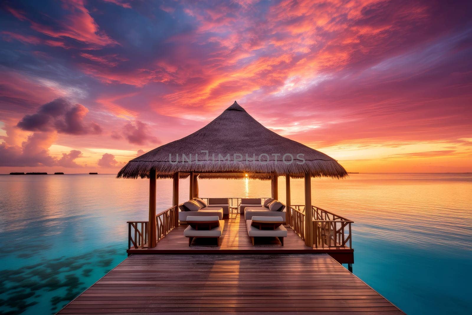 Captivating Maldives ocean beach sunset. Nature sand. Generate Ai