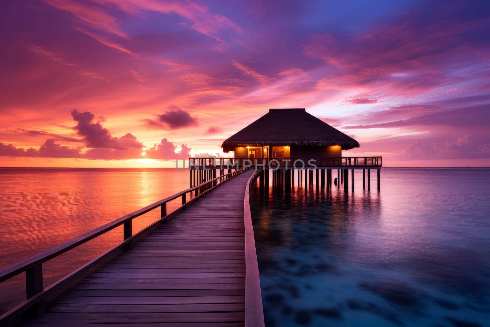 Radiant Maldives ocean beach sunset. Generate Ai by ylivdesign