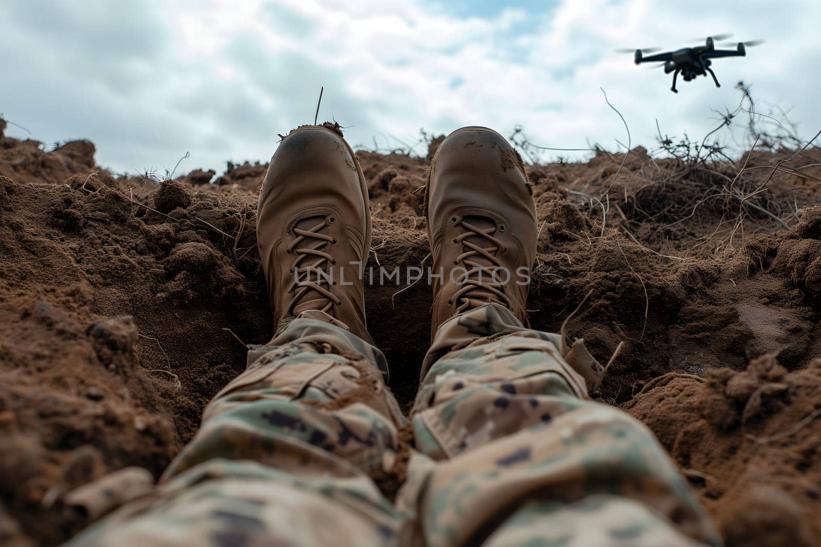 soldier legs laying on the dirt with flying drone in the sky above by z1b