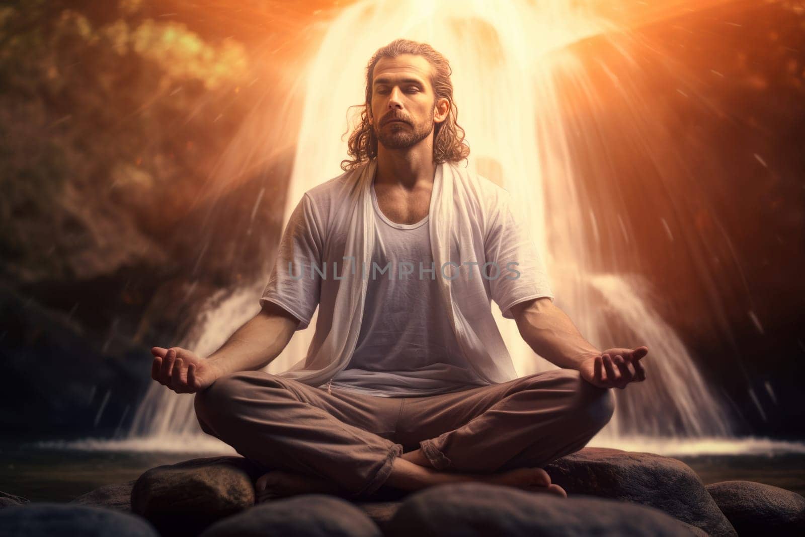 Peaceful Man sitting meditate in nature. Alone male. Generate Ai