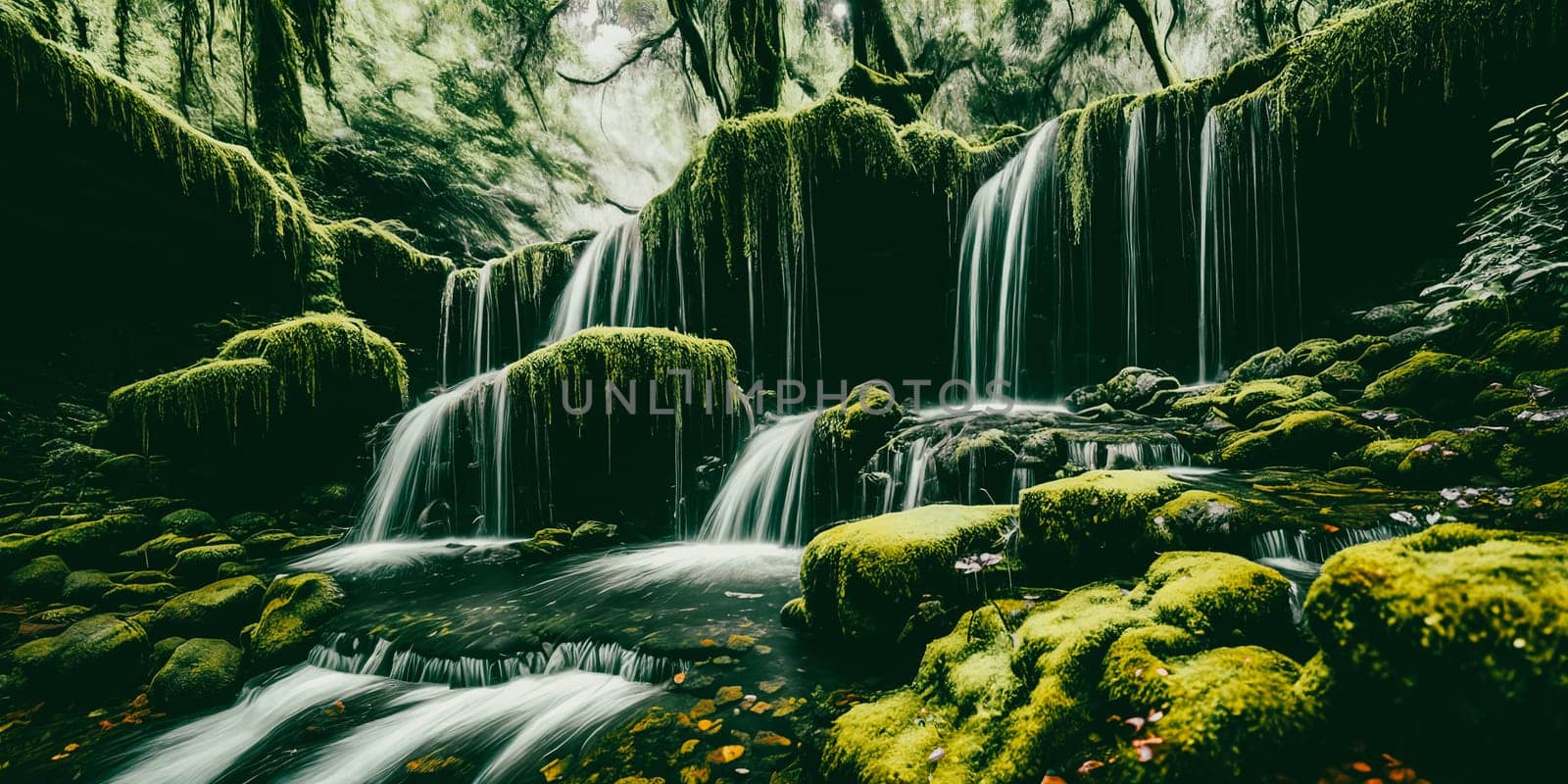 Enchanted Waterfall. A waterfall cascades down moss-covered rocks, revealing a secret grotto behind its veil. Crystal-clear water sparkles with hints of magic, and colorful flowers bloom along the banks.