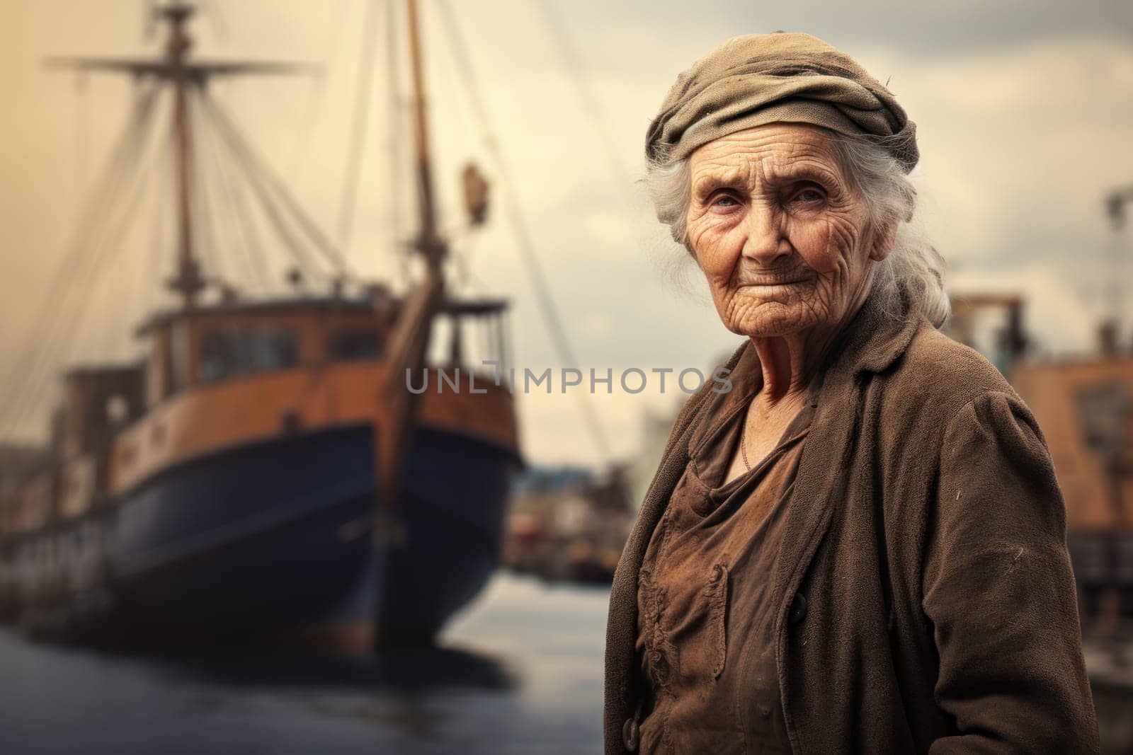 Historic Woman sea port. Marina ocean woman. Generate Ai