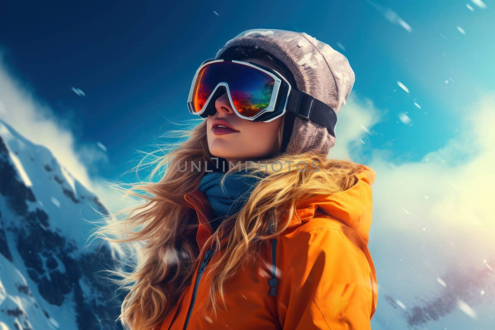 Snowy Woman ski resort. Generate AI by ylivdesign