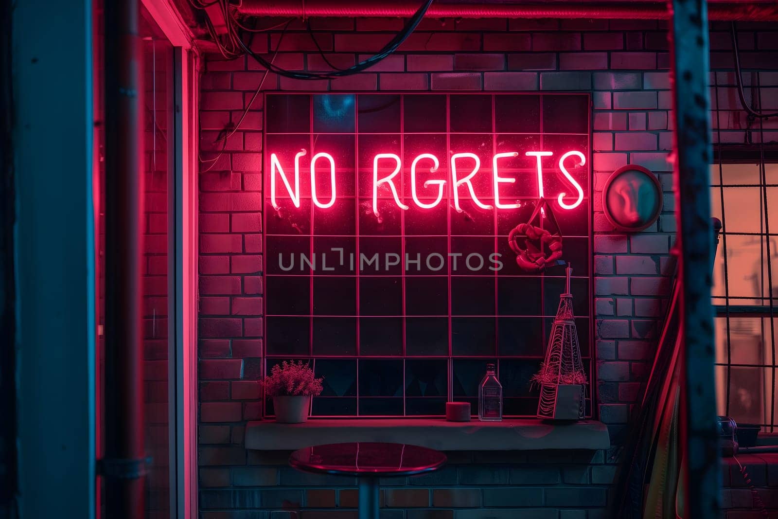A neon sign that says NO REGRETS on a brick wall. Neural network generated image. Not based on any actual scene or pattern.