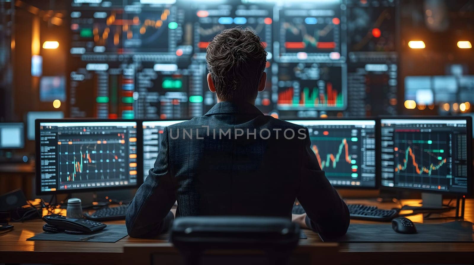 Back view of a financial analyst day trader working on computer with many screens that shows real-time stock data. Neural network generated image. Not based on any actual scene or pattern.