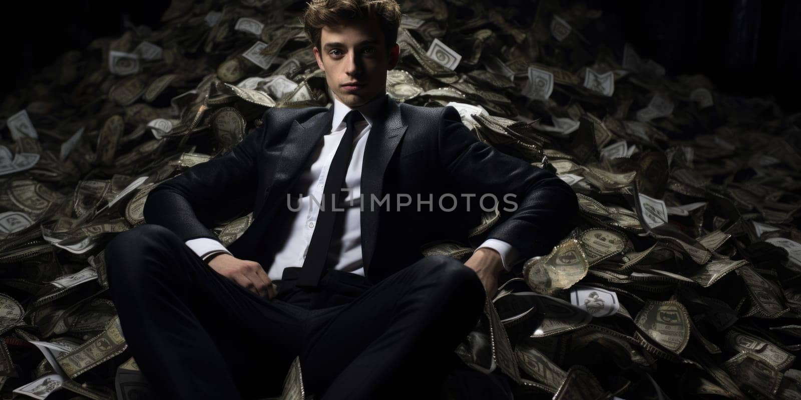 Billionaire on Big Pile of Banknotes Rich Comeliness by biancoblue