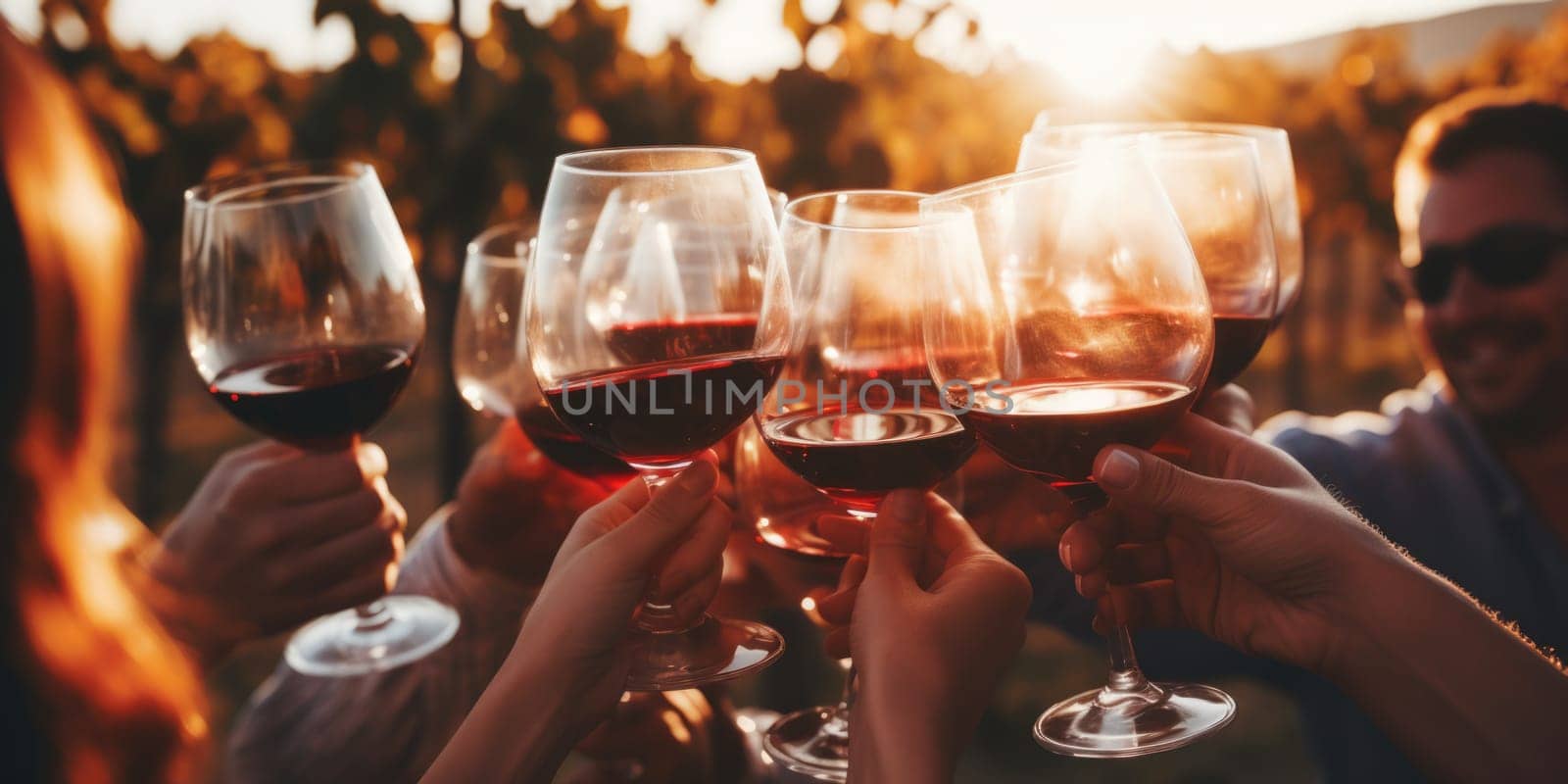 Group of friends gathering for wine tasting in countryside vineyard in summer harvesting season cheering and toasting with friendship comeliness