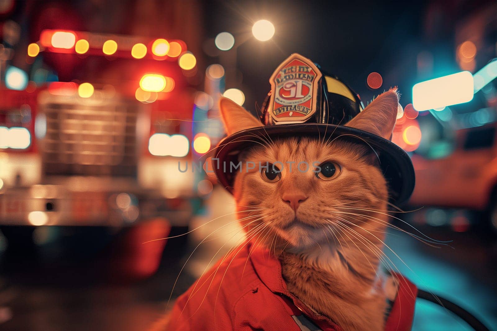 A cat wearing a firemans hat while walking in the street.