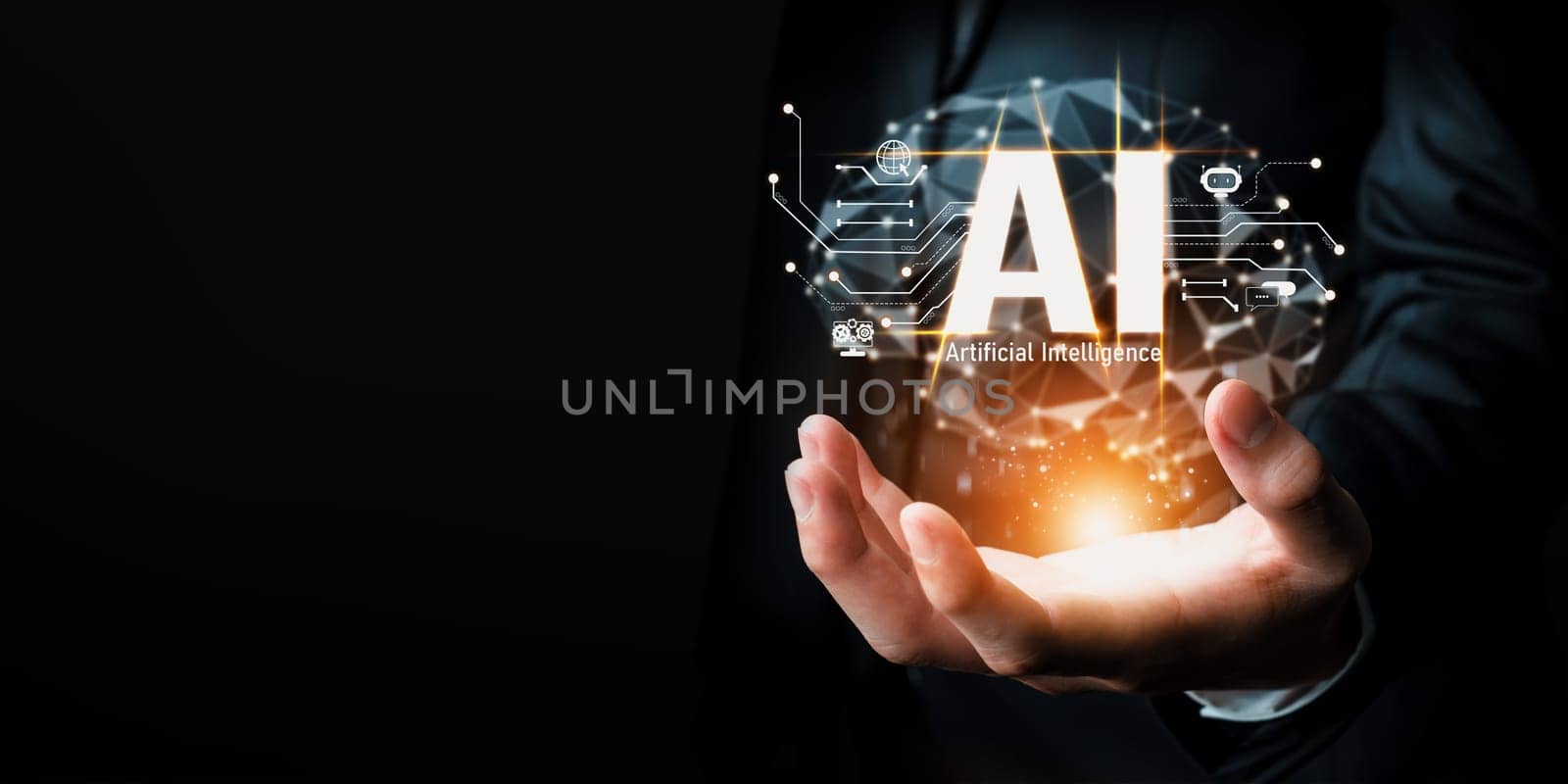 Human interact with AI artificial intelligence brain processor generative AI NLP by biancoblue