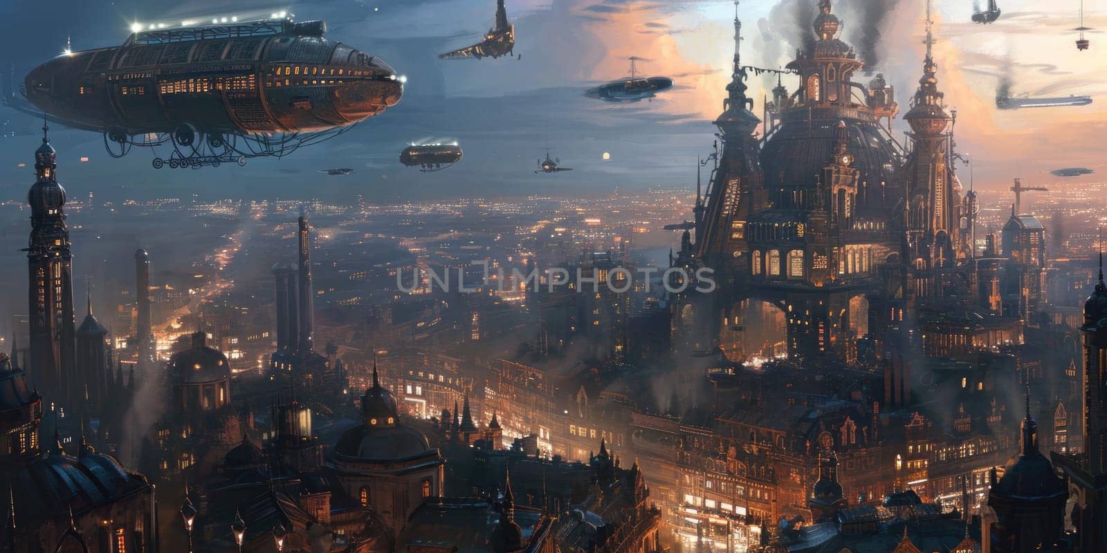 A fleet of steampunk airships hovers above a Victorian-inspired cityscape, enveloped in a golden mist at dawn. Resplendent.