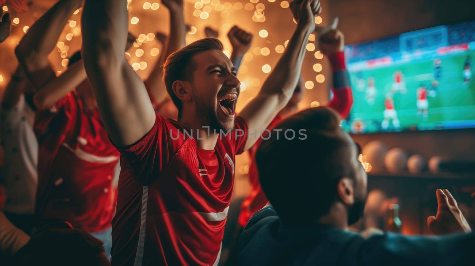 A group of fans enjoying a soccer match on a couch, captivated by the television, football TV experiencing the fun and entertainment of the world favorite sport. AIG41