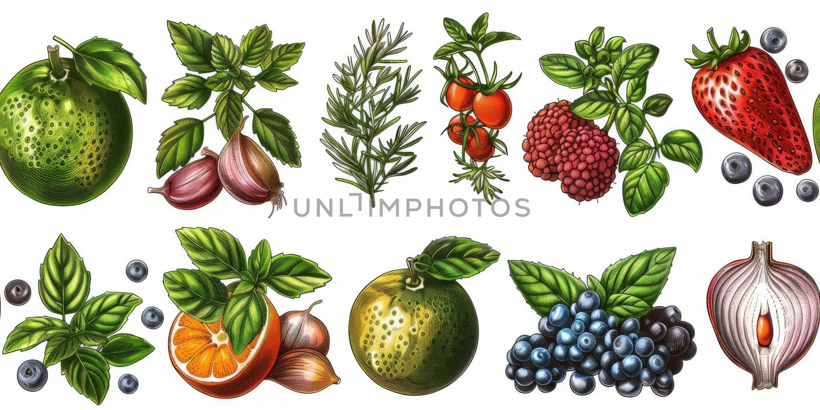 drawing seamless pattern with vegetables and fruits at white background hand drawn illustration