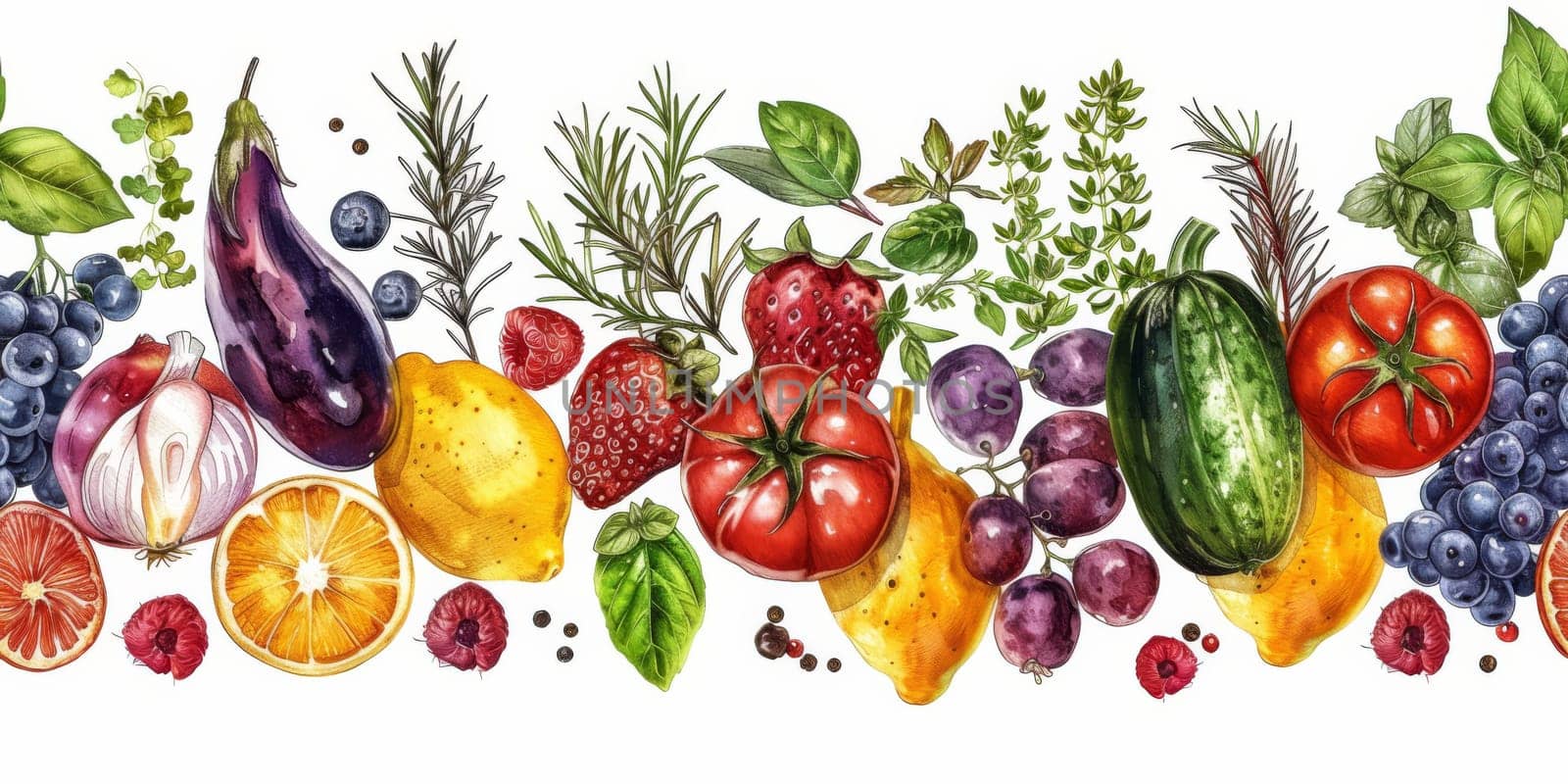 drawing seamless pattern with vegetables and fruits at white background hand drawn illustration. by Benzoix