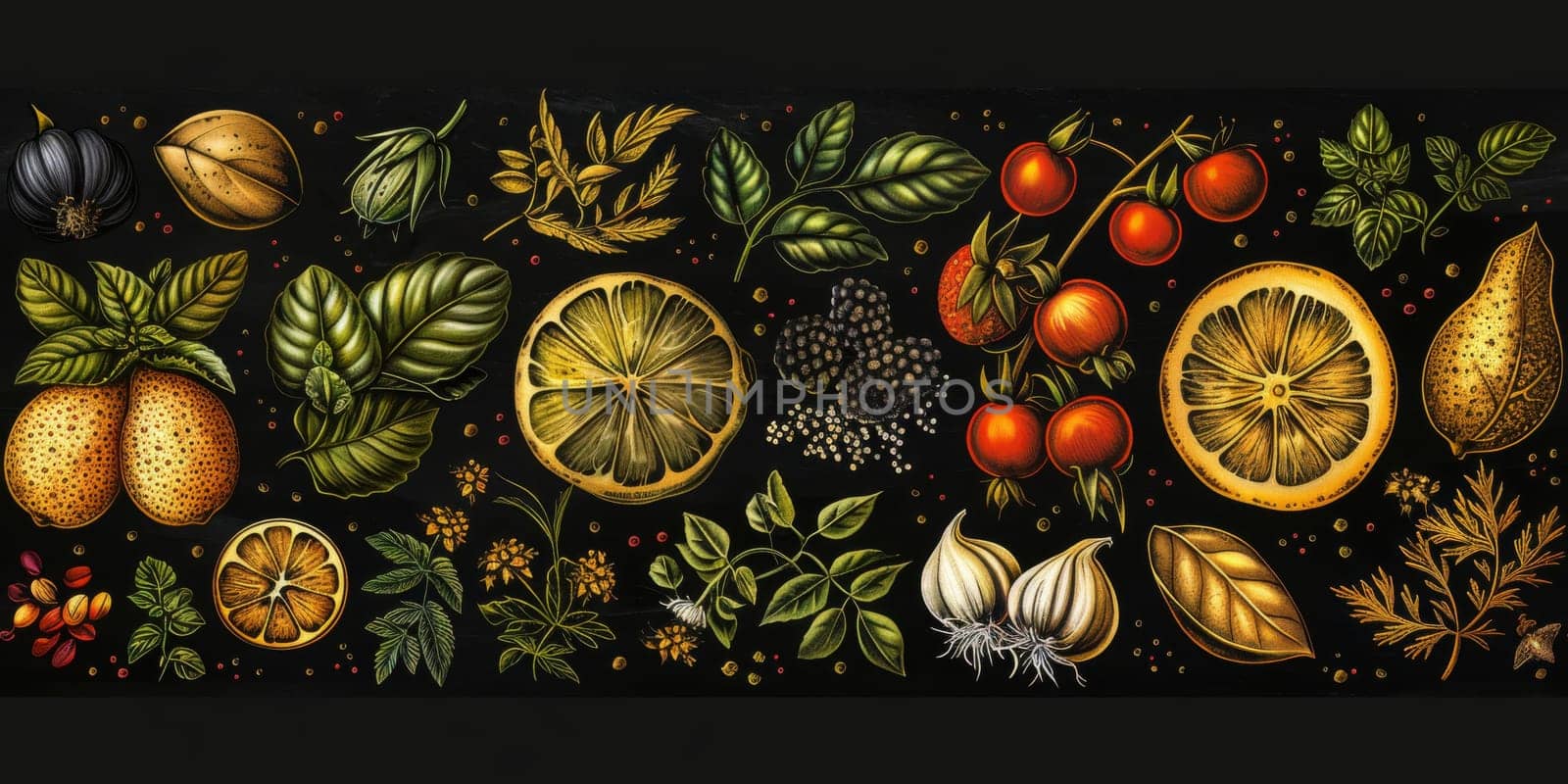 drawing seamless pattern with vegetables and fruits at white background hand drawn illustration. by Benzoix