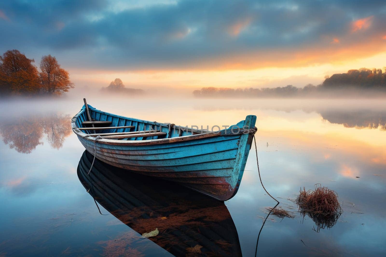 Old wooden boat in a foggy river in autumn.