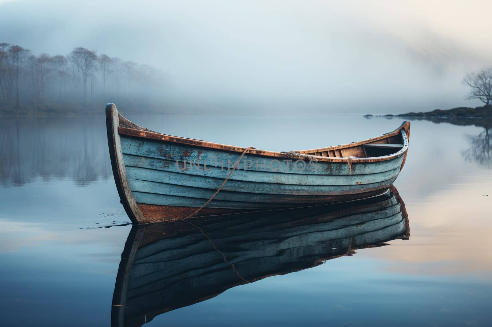 Old wooden boat in calm water in the fog. Reflection of a boat on the water. Generated by artificial intelligence by Vovmar