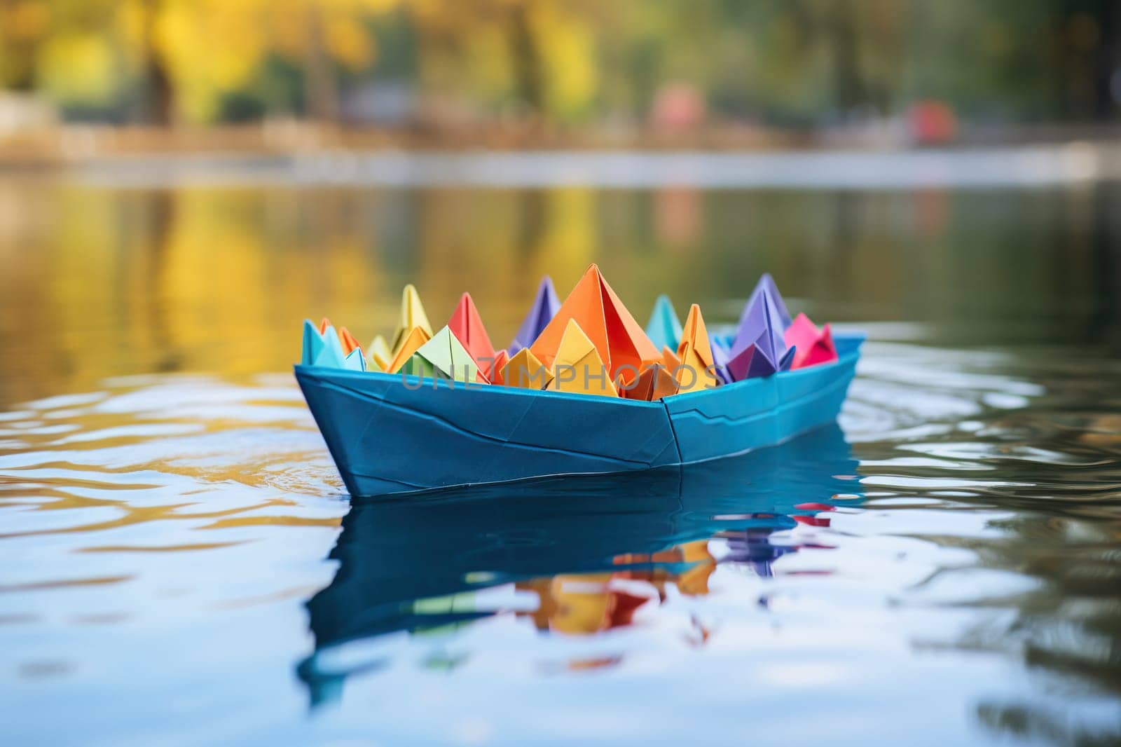 Blue paper boat on the water. Generated by artificial intelligence by Vovmar