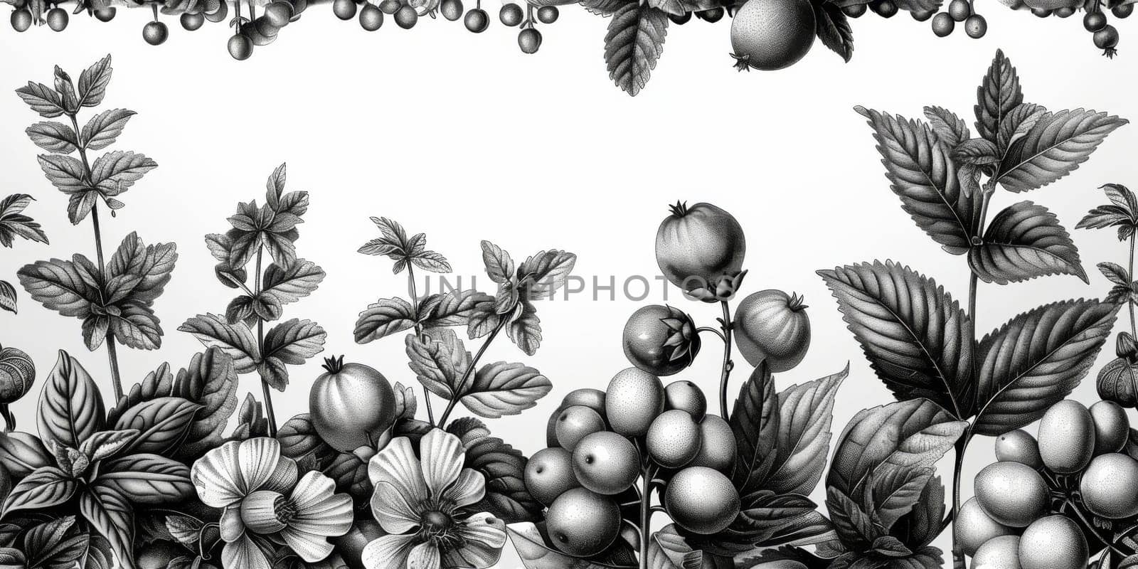 drawing seamless pattern with vegetables and fruits at white background hand drawn illustration. by Benzoix