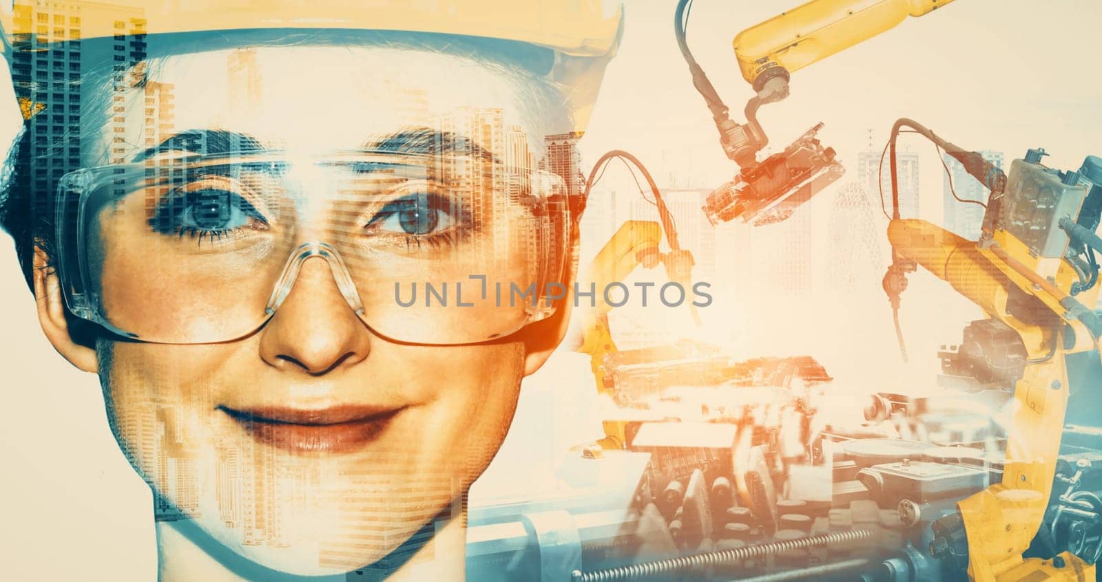 XAI Mechanized industry robot arm and factory worker double exposure. Concept of robotics technology for industrial revolution and automated manufacturing process.